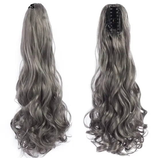 Wholesale Grey Curl Natural Wave Claw-Clip Drawstring Ponytail Extension Hairpiece Synthetic Hair Ponytails For Women Girl