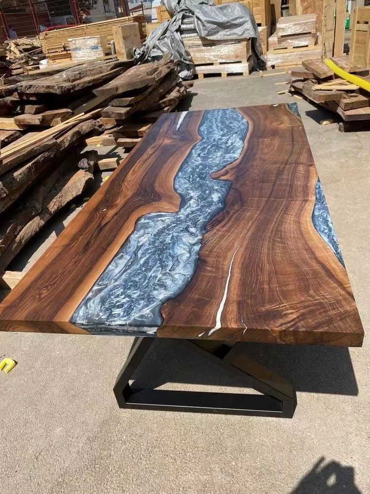Free Logo Home Furniture Direct Solid Walnut Wood Coffee Kitchen Restaurant Cafe River Epoxy Resin Slab Dining Table