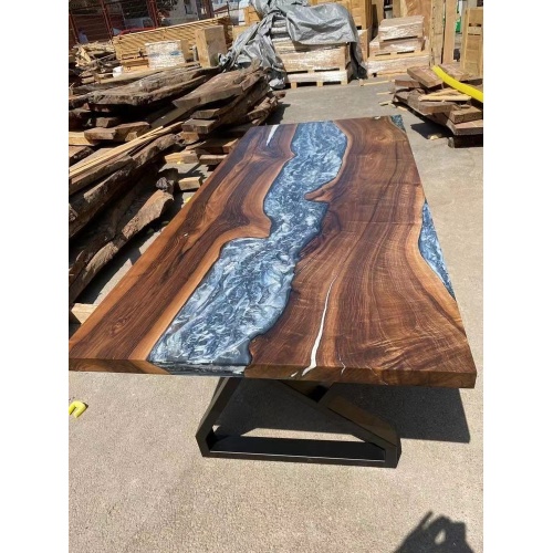 China Free Logo Home Furniture Direct Solid Walnut Wood Coffee Kitchen Restaurant Cafe River Epoxy Resin Slab Dining Table Supplier