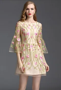 Pretty Steps 2016 sexy lelgant high quality round collar dress summer gold color embroidered organza dress for ladies