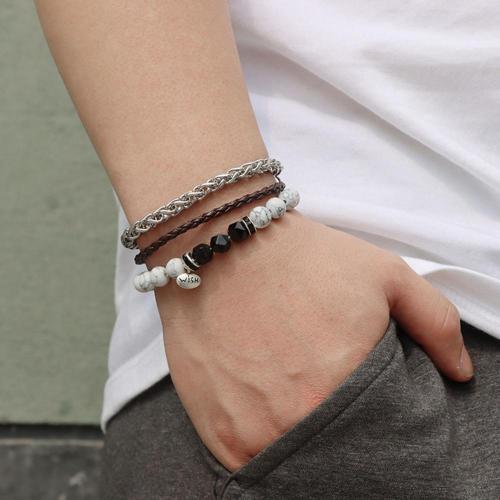 New Style 3pc a Set Gemstone Round Beads Bracelet Leather Bangle for Men