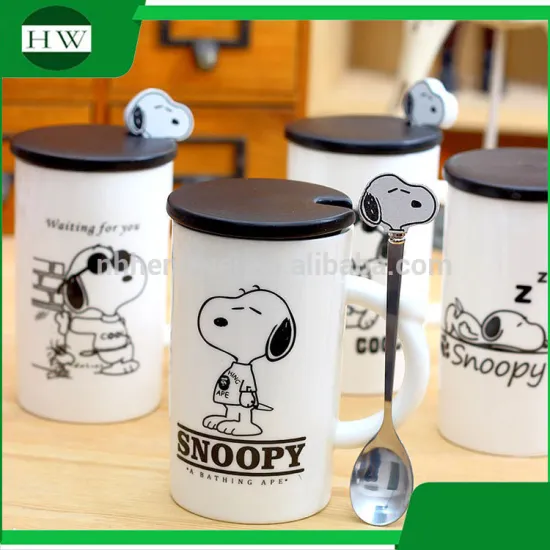 promotional gift cartoon snoopy ceramic water tea milk coffee cup mug with handle and lid and spoon