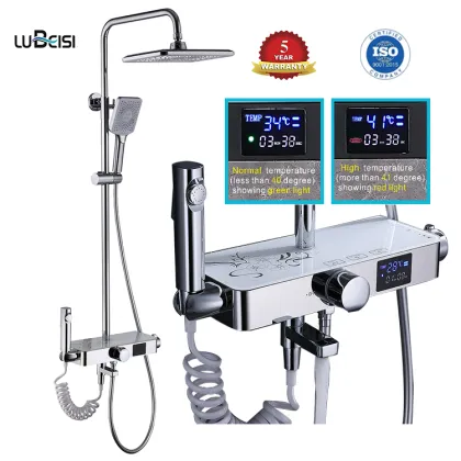 Digital Smart LED Constant Temperature Thermostatic Shower Faucet Set with Shelf