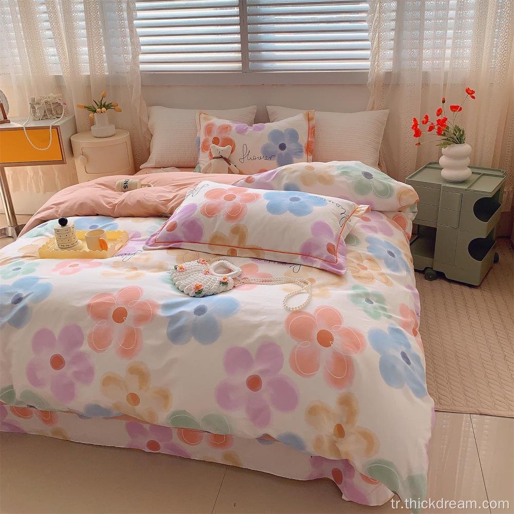 Yedi renkli çiçek yorgan kapağı yatak yastık kılıfı seti
