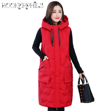 Autumn Winter Long Down Cotton Vest Woman Plus Size 5XL Sleeveless Coat Hooded Black Cotton Jacket Women Vest Female Waistcoat