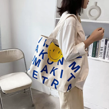 Smiley Letters Print with Zipper Tote Bag