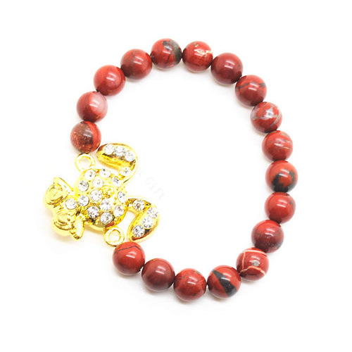 Red Jasper 8MM Round Beads Stretch Gemstone Bracelet with Diamante alloy rabbit Piece