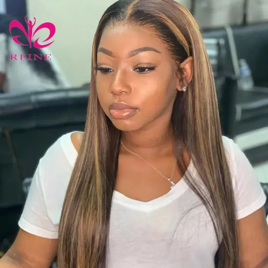 REINE  4/27 1B/27 Highlight Wig 4*4 Straight Lace Closure  Human Hair Wig Pre Plucked Ombre Piano Color