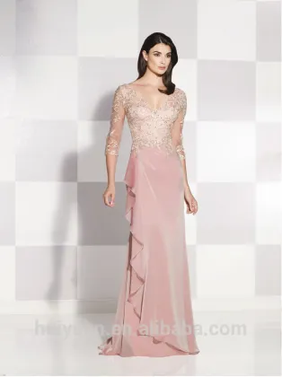 pink chiffon lace beaded long sleeve fashionable ladies dresses