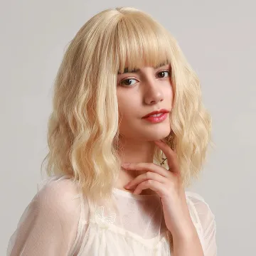 Short Natural Wave Blonde color  Water Wave Synthetic Wig For Women With  Bangs with factory price fiber wig synthetic hair