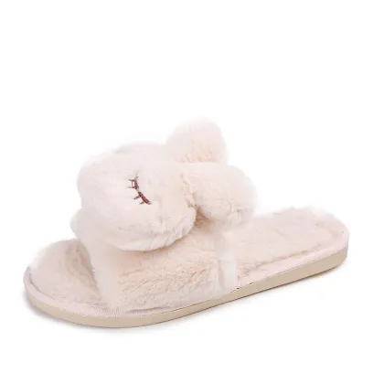 Women fur slippers Female indoor home lovely cartoon rabbit fur slippers Non-slip warm plush slides slippers
