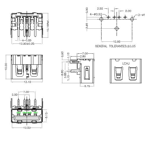 UAFR12 12-USB A Type Receptacle Angle DIP Short Body 10MM(3legs)