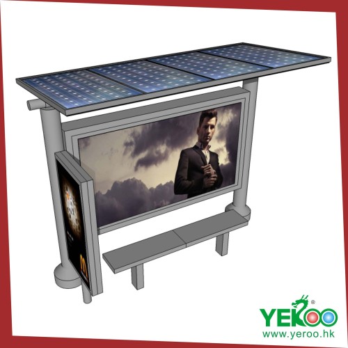 Outdoor Advertising Bus Stop Station with Solar Panel Ceiling and LED Strips Light Box