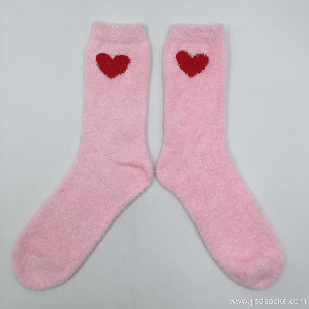 Pink heart feather yarn socks