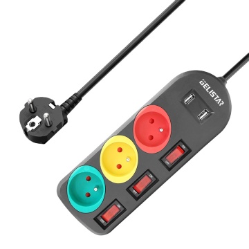 Poland French Type 3 Way with 2 USB Charging Ports and Individual Switches - Colorful Power Strip