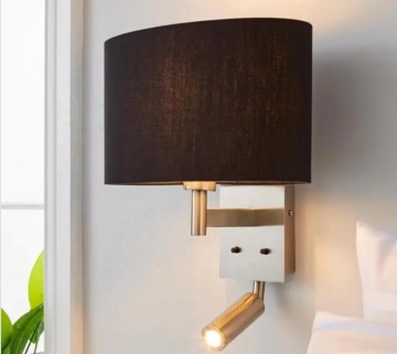 LED Wall Sconce Metal Base Fabric Shade Brushed Nickel Brass Hotel Room Bedside Light
