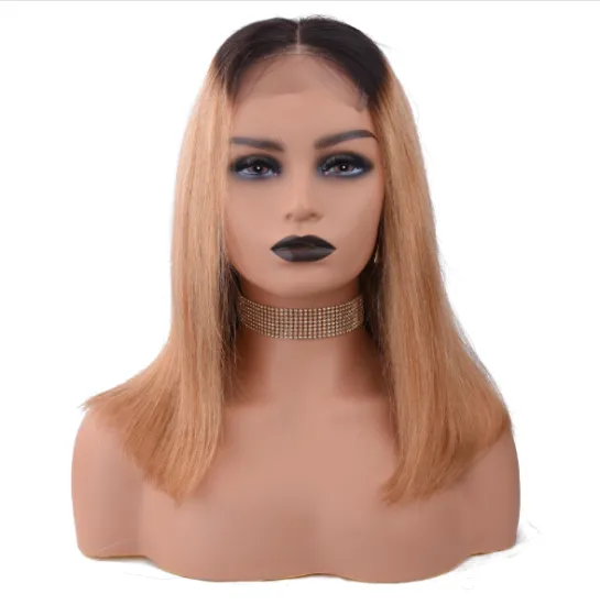 Wholesale transparent lace 1b/27 color high density human hair roots bob straight 4*4 lace closure wig body wave hair wigs