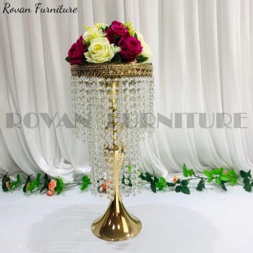 Gold Metal Stand Wedding Crystal Centerpiece with White Crystals and Flowers