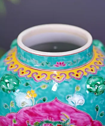 Hand-Painted Phoenix and Lion Head Ceramic Vase