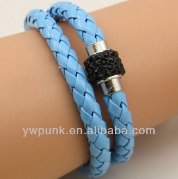 Supply DIY inlaid black rhinestones polymer clay magnetic clasps double turns PU leather bracelets women jewelry