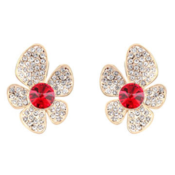 Crystal flower-shaped stud earrings, made of brass and copper alloy
