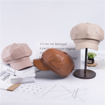 Effen kleur pu lederen Britse retro octagon baret