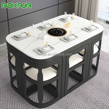 Ruimtebesparende vaste houten eettafel met inductiekooktop