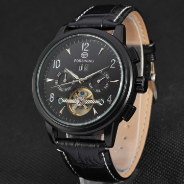 Leather band mens automatic mechanical date watch