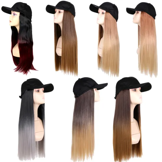 Ombre Long Synthetic Baseball Hat Hair Wig for Girl Natural Black/brown Straight Hair Wig Naturally Connect Hat Wigs Adjustable