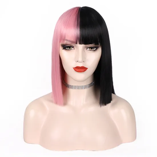 Black And Pink Girl's Colorful Hair Short Straight Wave Wigs With Bangs For Women Synthetic None Lace Bob Wig Shoulder Length