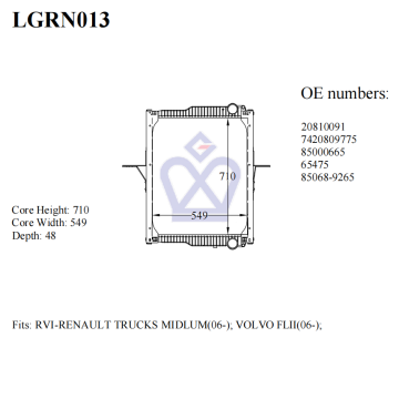 Renault truck radiator, 20810091, 7420809775, 85000665, 65475, 85068, 9265, LGRN013