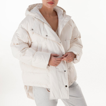 White hooded medium down jacket