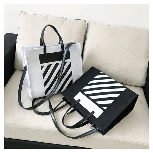 Canvas School Tote Bag Leather Handle with Zipper