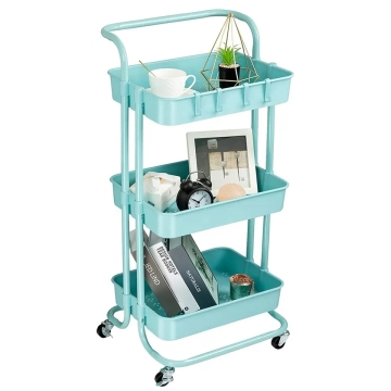 Adjustable Storage Kitchen Rolling Cart - 3 Tier Trolley with Plastic Shelves