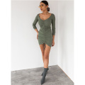 Women Long Sleeve Bodycon Ruched Dress