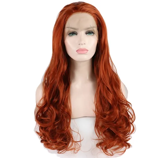 Cheap Free parting transparent Lace Front Long wavy Orange copper Red Wig for black Women 13x4 hd Lace Front Synthetic hair Wigs