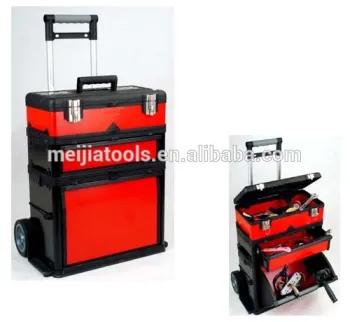 Plastic Metal Handle Tool box trolley with wheels and handles divided into three storage boxes
