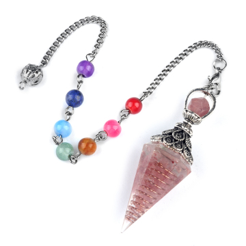 Strawberry Quartz Chip Stone Resin Antique Silver Hexagonal Cone Pendant & Pendulum 7 Chakra Chain