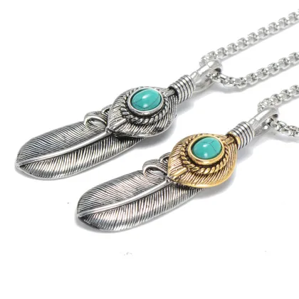 Ancient Silver Turquoise Ornament Stone Feathers Pendant