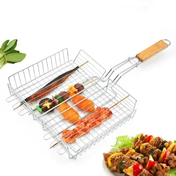 Non-Stick Barbecue Vegetable Fish Grilling Basket BBQ Tools Accessories with Wooden Handle