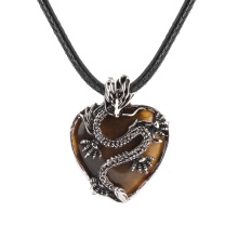 Yellow Tiger Eye Stone Heart Antique Silver Dragon Gemstone Pendant (32x42mm) Necklace 45cm Black Cord