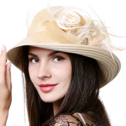 Women's Kentucky Derby Church Dress, Wedding Party Feather Bucket Cloche Oaks Bowler Hat S608