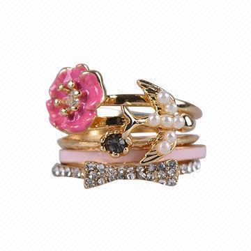 Multi-ring sets with rose flower, cream pearl/clear rhinestone/peach enamel, 3 sizes are available