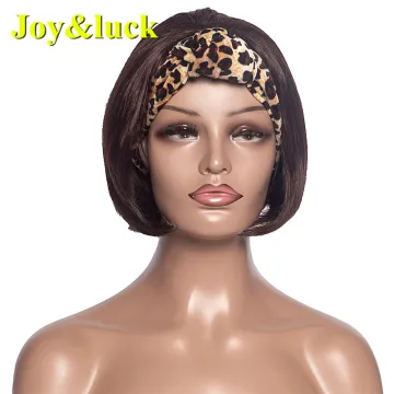 Women Dark Brown Bob Cut Wigs With Bangs Natural Hairband Straight Short Wig for Black Women Hair Headband Synthetic Hair Wigs