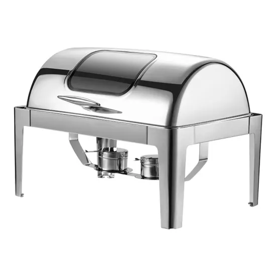 Professional Roll Top Round Chafer Dish in Stainless Steel with Ceramic Liner: Ideal for Catering, Hotels, Restaurants, and Commercial Buffets
