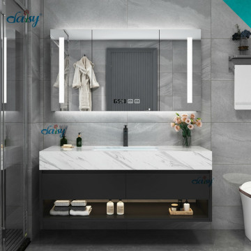 Gabinete de baño con tocadores de fregadero doble, cajones, gabinetes reflejados con LED redondos y gabinete lateral