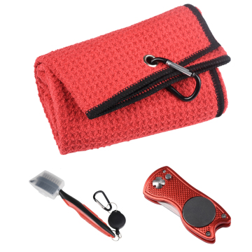 High-Quality Custom Logo Golf Accessories Gift Set: Microfiber Waffle Towel, Double-Sided Putter Club Brush, Divot Tool, and Ball Marker