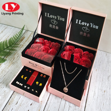 Double flower box necklace or ring for wife