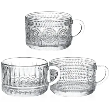 Vintage Glass Coffee Mugs: Clear Breakfast Cups with Handles and Embossed Designs