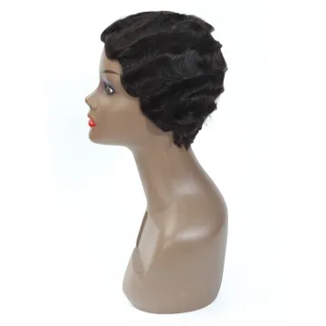 1b# Short Finger Wave Wigs For Women Remy Real Hair Pixie Cut Wig Machine Made Short Human Hair Wigs